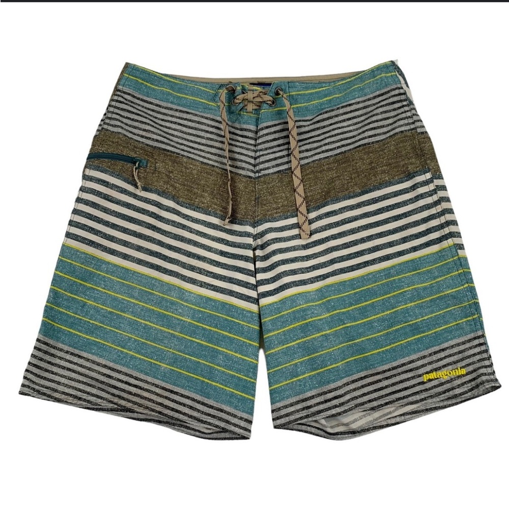 Patagonia Blue and Green Board Shorts with Striped Design size 35. #416
